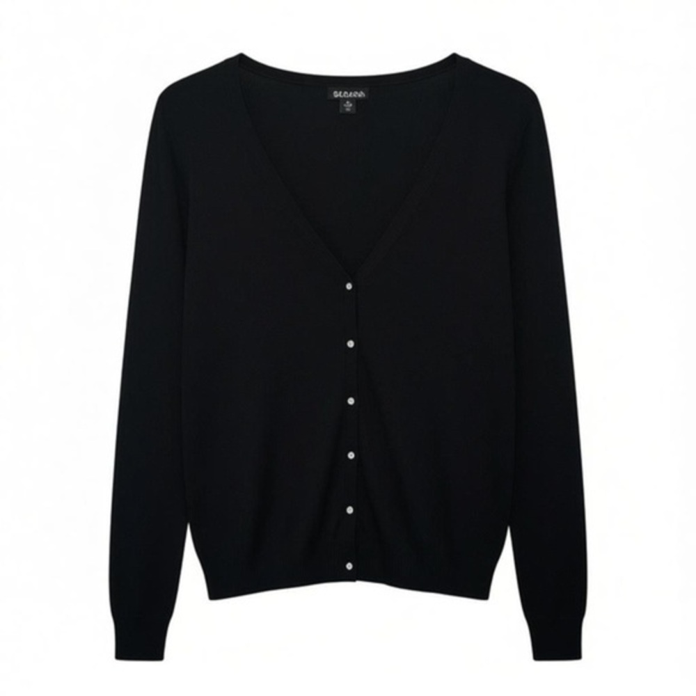 George Black V-Neck Cardigan w/ Rhinestone Buttons – Size M